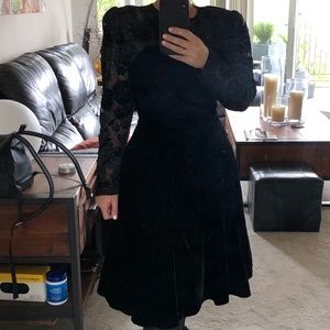 Vintage 80's corset boning velvet sheer sleeves dress sweetheart neck Sz 6 (S)